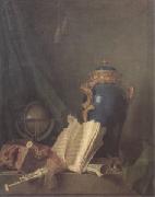 Henri-Horace Roland de La Porte, Still Life with a Vase of Lapis a Globe and Bagpipes (san 05)
